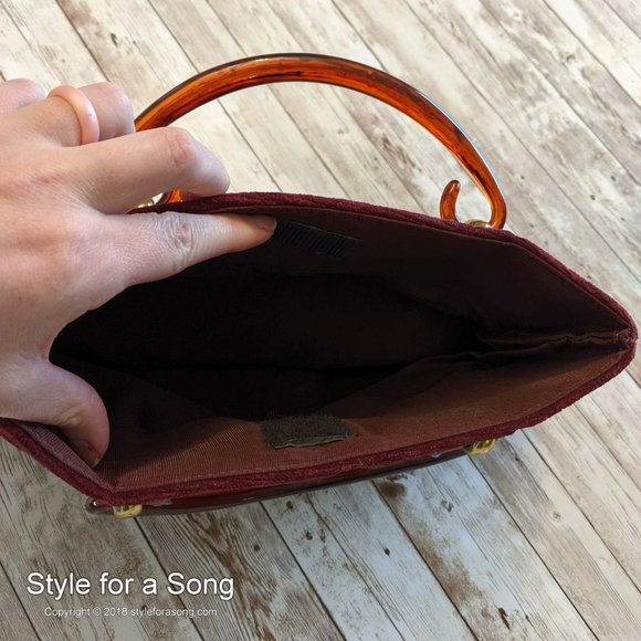 Vintage Burgundy Velvet Tortoise Handle Handbag - Picture 10 of 12